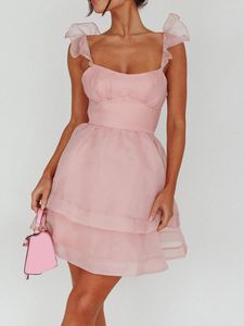 Robes décontractées Mini robe bouffante pour femmes élégante a-ligne fête sans manches sangle à volants couleur unie fluide mignon rose robe d'été pour la soirée