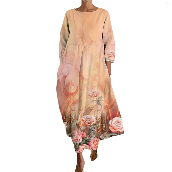 Robes décontractées pour femmes R Floral Imprimé robe lâche coton lin 3/4 manches plage élégant pour les femmes 2024
