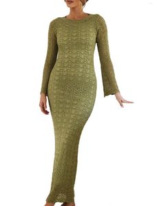 Robe longue en maille côtelée pour femme avec détails froncés - Élégante moulante à manches longues pour un pull Slim Fit Y2K