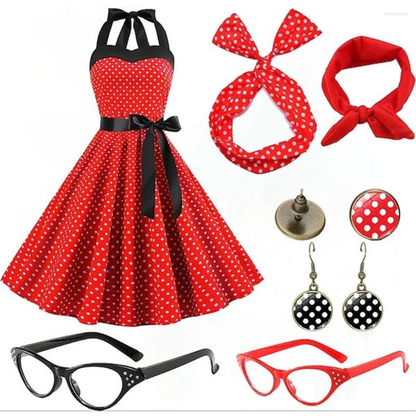 Vestidos casuales Vestido Rockabilly para mujer Lunares Swing Flare con accesorios Conjunto Pendientes Collar Diadema Gafas