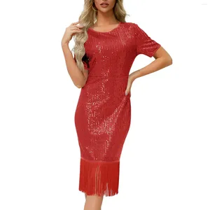 Vestidos casuales para mujer cuello redondo manga corta color sólido vintage lentejuelas vestido de flecos sexy fiesta vestidos para mujer elegantes