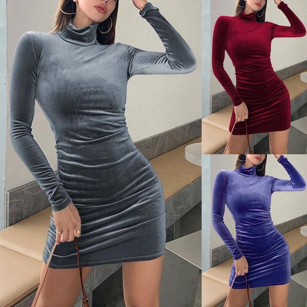 Vestidos casuales Vestido de terciopelo fruncido de mujer Manga larga Falda de cuello alto ligero Sólido Midi Party Bodycon Femenino 2024 Vestidos