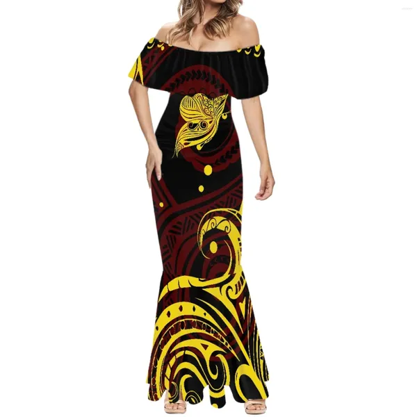 Vestidos casuales Samoa para mujer Tatuajes hawaianos Imprimir Vestido de playa Manga corta Cola de pescado Hawaii Verano Un solo hombro Fiesta sexy Falda larga