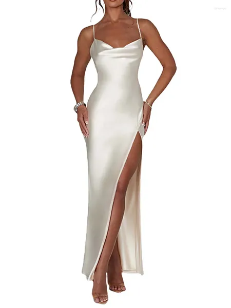 Robes décontractées Femmes S Satin Bodycon Long Robe Spaghetti Strap Cowl Neck Slit Backless Rucched Cocktail Party