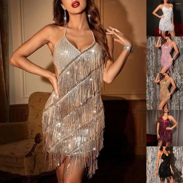 Vestidos casuales Lentejuelas de mujer Vestido de borla Sexy Fringe Glitter Robe Sin mangas Sling Mini Cóctel Fiesta de noche Vestidos