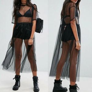 Robes décontractées Femmes Sexy Noir Solide Couleur Sheer Transparent Mesh Manches courtes Cover Ups Robe Midi Tulle Dentelle Longue Robe d'été