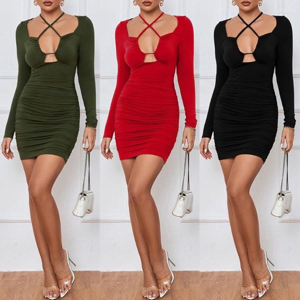 Vestidos casuales Mujeres Sexy Criss Halter Tie Up Ruched Bodycon Vestido de manga larga Recorte Mini Short Fall Streetwear DropShip