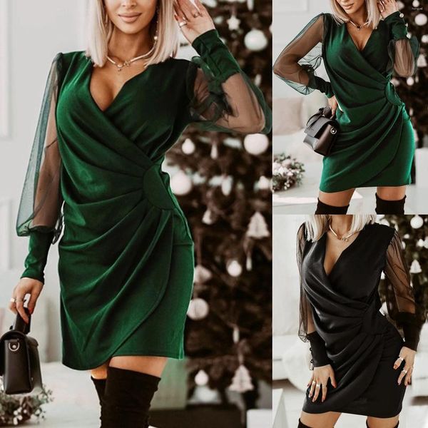 Vestidos casuales Vestido sexy para mujer Temperamento Manga larga Suave Cordón sólido Profundo Cuello en V Embarazo corto para mujeres