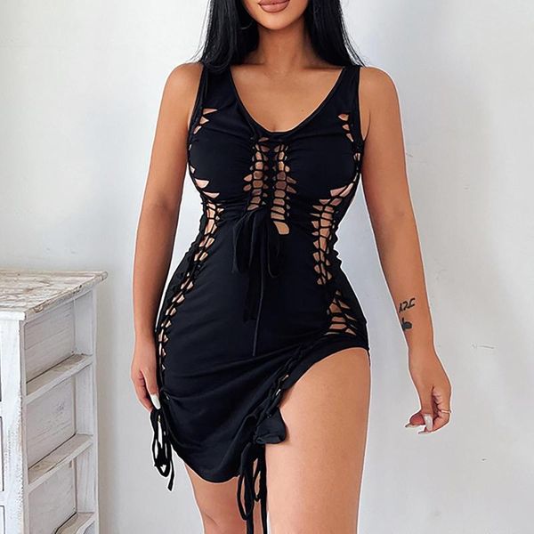 Robes Décontractées Femmes Robe Sexy Tempérament Creux Sans Manches Sling Ouvert Hanche Plus La Taille Jupe Irrégulière Fourchette Cravate Dos Nu Discothèque