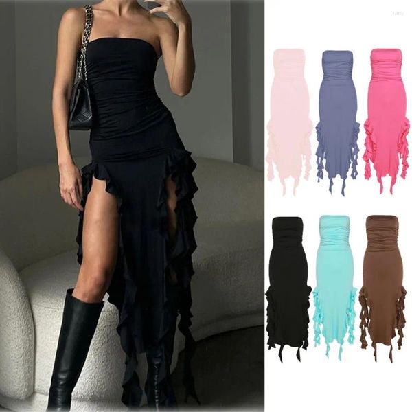 Vestidos casuales Vestido de noche atractivo de las mujeres High Split Ruffle Fringe Off Hombro Midi Slim Bodycon Vestido femenino Mujeres Club Trajes