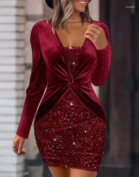 Robes décontractées Mode sexy pour femmes 2023 Vêtements d'automne à manches longues col asymétrique velours contraste sequin torsadé mini robe de soirée