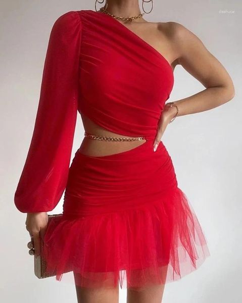 Vestidos casuales Mujeres sexy cintura alta temperamento flaco desplazamientos ropa femenina parche de malla un hombro vestido de fiesta mujeres