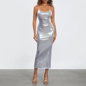 Casual Jurken Dames Sexy Lange Bodycon Jurk Effen Kleur Metallic Mouwloos Cami Zomer Dames Backless Elegant Party