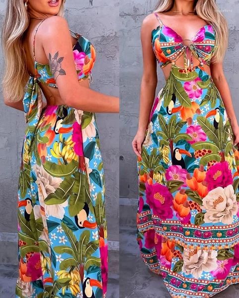 Vestidos casuales El vestido largo sexy de mujeres 2024 estampado tropical detalle atado a la bosque de vacaciones de la playa de verano