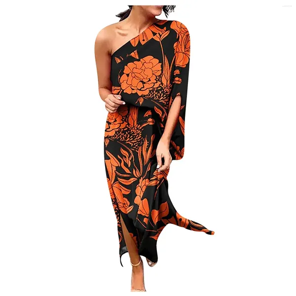 Vestidos casuales Mujeres Sexy Un hombro Hendidura Hem Floral Manga corta Vestido suelto Robe Ete Femme 2024 Tendance Evening