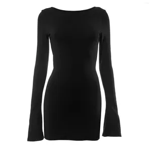 Casual jurken dames sexy zoete zomer herfst gemonteerde korte jurk zwarte lange mouw backless tie up cocktail