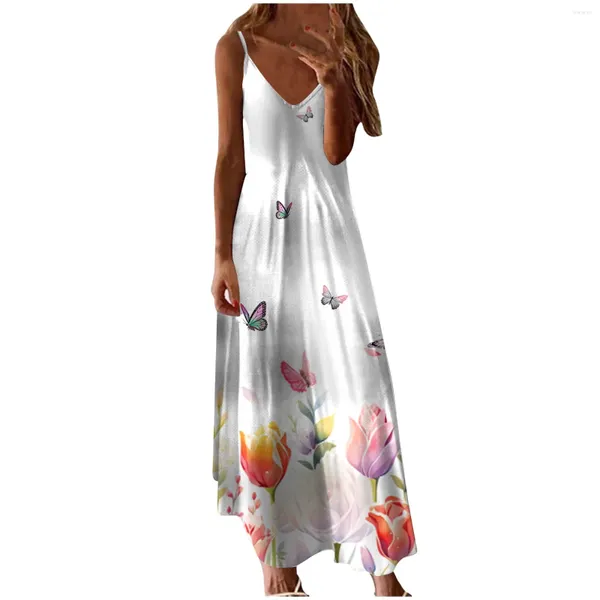 Vestidos casuales Sexy's Sexy V Neck Vecina Floral Spaghetti Correa de la cintura delgada Slim Starge Summer Summer para mujeres