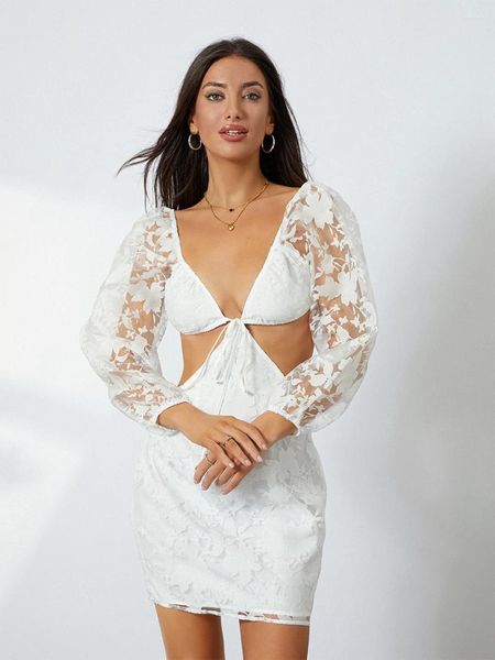 Robes décontractées femmes sexy mariage invité robe courte dentelle florale à manches longues col en V profond découpe cravate avant formel mignon