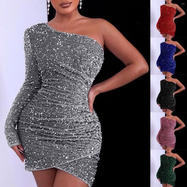 Robes décontractées Femmes Courtes Paillettes Une Épaule Wrap Robe Banquet Soirée Semi Formelle