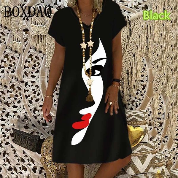 Vestidos casuales Mujer manga corta con cuello en V pintura cara vestido de impresión abstracta 2023 verano suelto de gran tamaño mini damas moda