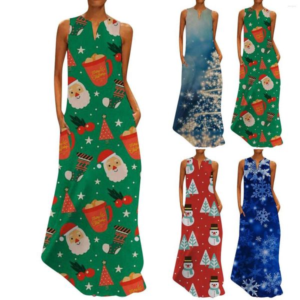Robes décontractées sans manches pour femmes col en V Festival de Noël imprimé robe post-partum pour femmes une ligne robes d'été pour femmes