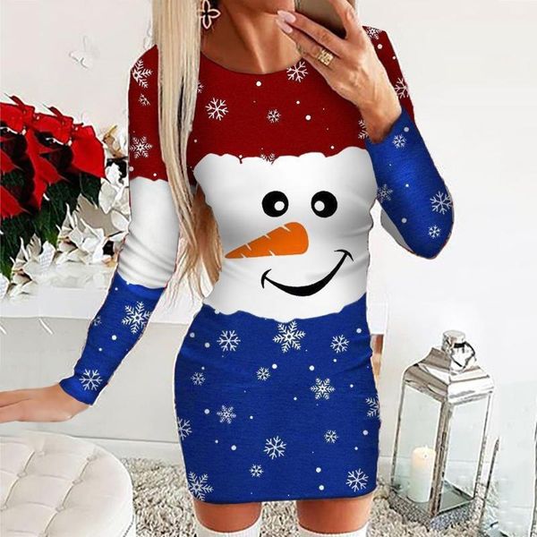 Vestidos casuales de la Navidad delgada de las mujeres Copo de nieve de la Navidad y el muñeco de nieve Impreso Impreso CREWNECK EQUIPADO MANUE LARGO Bodycons Colored Mini Vestido