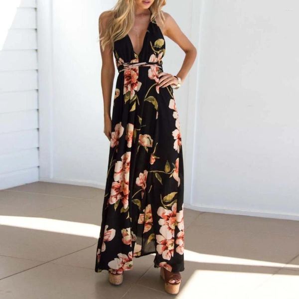 Robes décontractées Femmes Sling Floral Longue Maxi Robe Sundress Imprimer Arrivée Été Boho Col V Sans Manches Party Beach Style