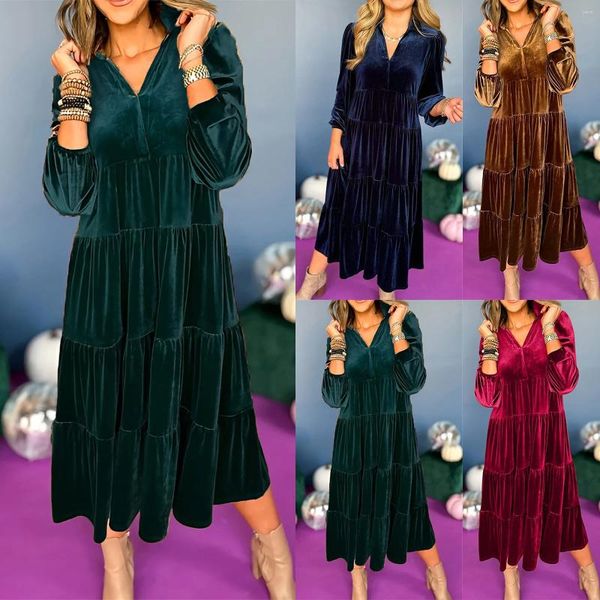 Robes décontractées couleur solide en velours doré velours large ourlet lâche robe mincerante femme d'été maxi pour les dames