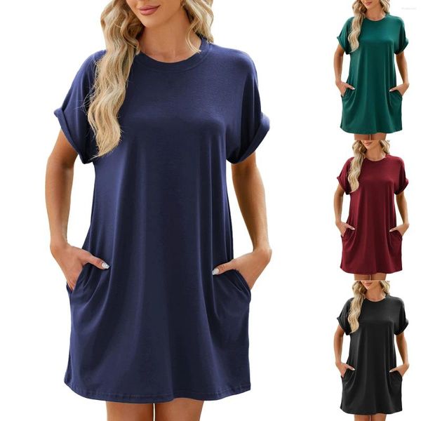 Robes décontractées Femmes Solide Couleur Col Rond Poche Lâche Mignon Court Femmes Robe Maxi Pour L'été