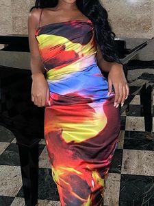 Robes décontractées Femmes S Spaghetti Strap Bodycon Midi Dress Y2K Tie-dye Print Low Cut Ruched Cami Boho Backless Beach Sundress