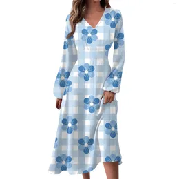 Robes décontractées femmes printemps et automne mode col en v à manches longues imprimé floral Sukienki Damskie Roupas Femininas