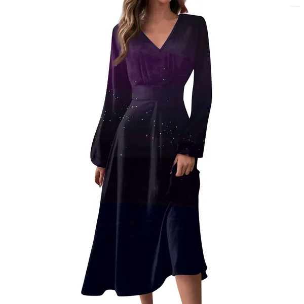 Robes décontractées Femmes Printemps Et Automne Mode Col V Manches Longues Dégradé Imprimé Chic Élégant Femme Robe Superbe