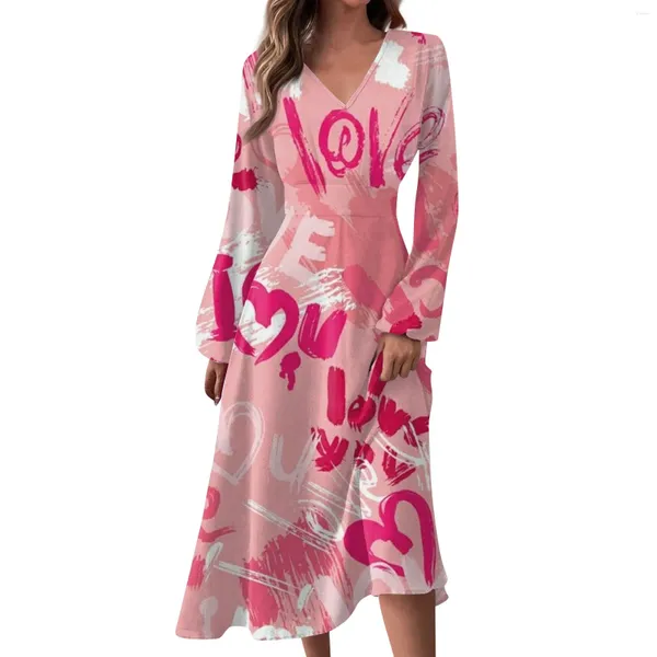 Robes décontractées Fashion et automne pour femmes en V V Valentin de la Saint-Valentin imprimé Chic Chic Elegant Woman Robe