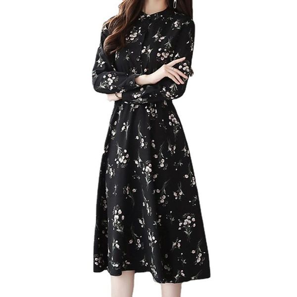 Vestidos casuales Mujer Primavera Otoño A-line Vestido vintage Coreano Elegante Oficina Señora Botón Manga larga Estampado floral Gasa negra