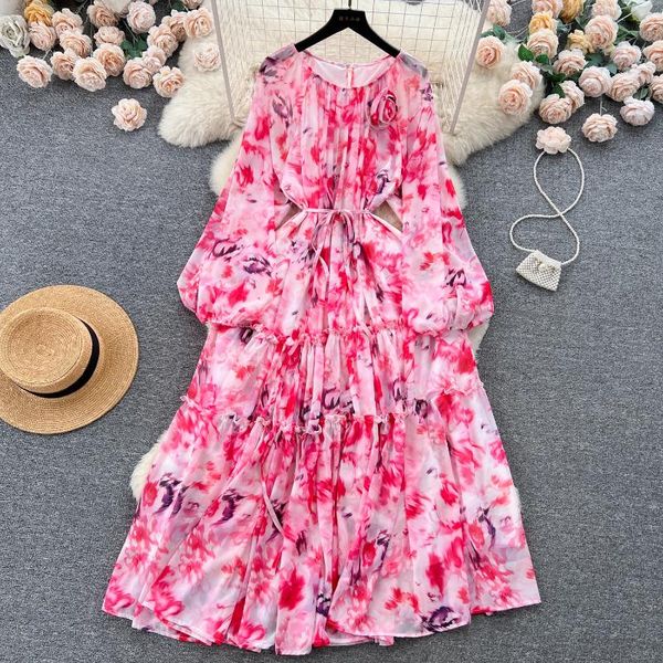 Vestidos casuales Primavera de las mujeres Ropa de otoño Cuello redondo Manga larga de burbuja Gasa Estampado floral Vestido de vacaciones Ropa Vestidos L545