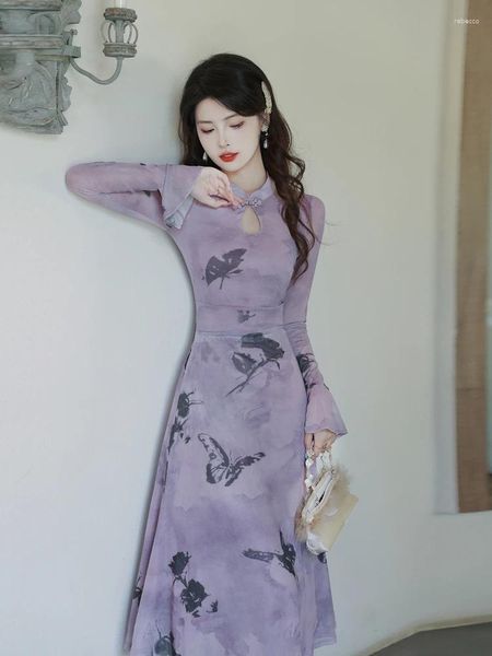 Robes décontractées de printemps féminin Cheongsam élégant chinois vintage imprimé dames rose rose violet flare manche tempérament robe robe robe