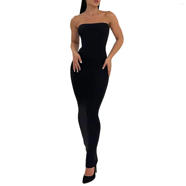 Robes décontractées Robe longue sans bretelles pour femmes Été Dos ouvert Coupe basse Couleur unie Ruché Dos nu Slim pour la fête