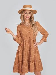 Vestidos casuais mulheres verão a-line vestido suíço ponto manga longa com decote em v botão frontal cintura alta joelho comprimento