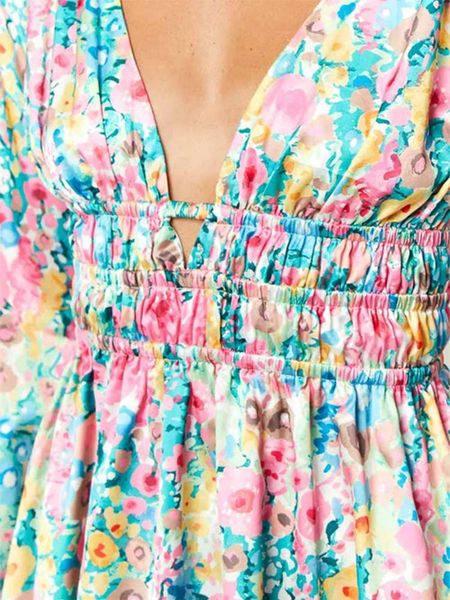 Robes décontractées Femmes S Summer A-Line Robe Floral Print Manches longues Col V Tunique Taille Cravate dos nu