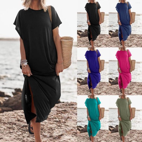 Vestidos casuales Vestido maxi de playa de verano para mujer Moda Batwing Manga Cuello redondo Suelto Hendidura Lado Elegante Camiseta larga