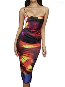 Robes Décontractées Femmes S Été Moulante Tie Dye Spaghetti Strap Col Bénitier Robe De Soirée Zip Dos Midi