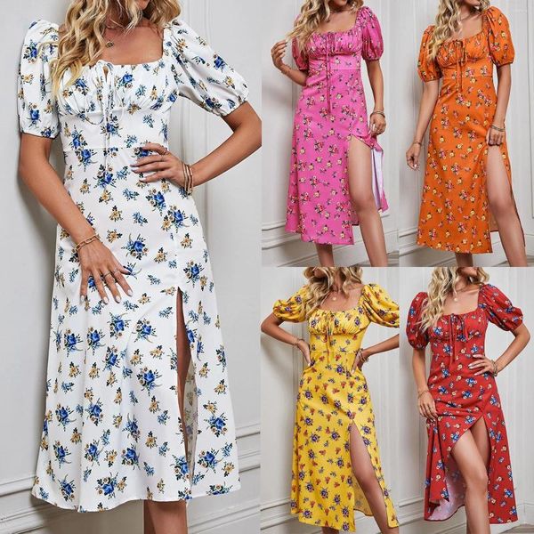 Vestidos informales de verano para mujeres Vestido boho Floral Impresión cuadrada Cuel Shirred Maxi Beach Sun Manga corta 50