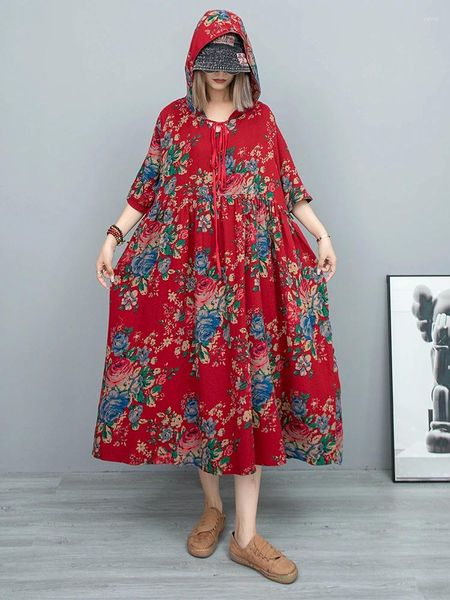 Robes décontractées de style chinois d'été pour femmes en coton rétro et en lin à capuche grande taille haute taille en détresse en détresse manche courte