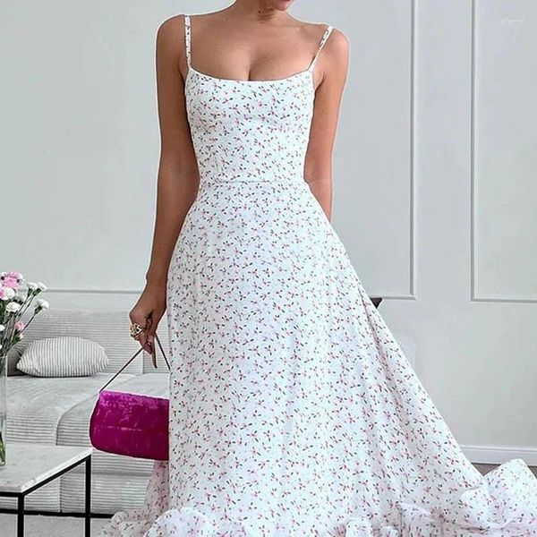 Vestidos casuales Vestido de verano para mujer 2023 Tirantes de moda Cuello bajo Sin mangas Cintura Impresión Falda de swing grande Ropa de vacaciones largas