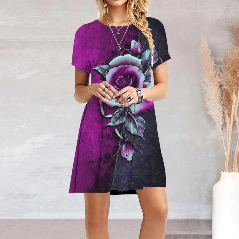 Robes décontractées Robe d'été pour femmes 3D Fleurs progressives Imprimer Tops Tees Mode Femme Vêtements Mini Ceinture Jupe 2023 Dame