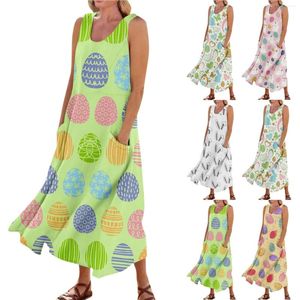 Robes décontractées Robe d'été pour femmes Mode Pâques Imprimé Sans manches Col rond Poche Élégante Fête Robes Para Mujer