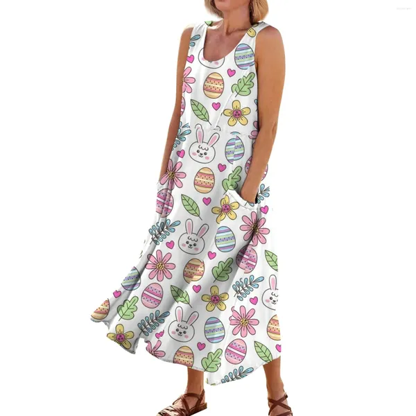 Robes décontractées Mode d'été pour femmes Pâques imprimé sans manches col rond robe de poche Vestidos de Fiesta Elegantes Para Mujer 2024