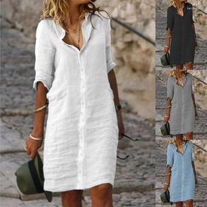 Vestidos informales de verano para mujer, botón de solapa suelto, media manga, Color sólido, camisa de algodón y lino, vestido Vintage, cárdigan hasta la rodilla