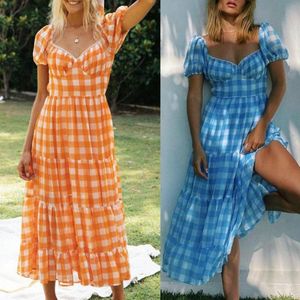 Casual Jurken Dames Zomer Bladerdeeg Mouw Lange Rok Mid-Calf Halter Lace-Up Jurk Vakantie Strand Sexy Party Robe Femme