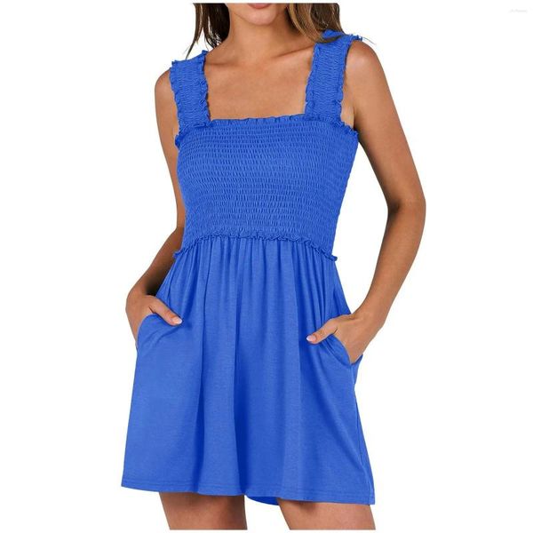 Vestidos casuales Mamelucos de verano para mujer Cuello cuadrado Sin mangas Smocked Dressy Romper Trajes de playa con bolsillos